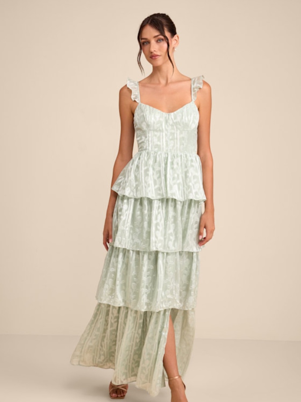 Lulus Stunning Glory Sage Green Floral Jacquard Tiered Maxi Dress - Size S